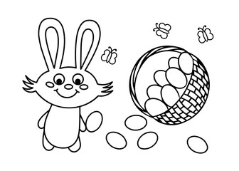 Happy Easter. Cute bunny and basket with eggs. Black and white vector illustration