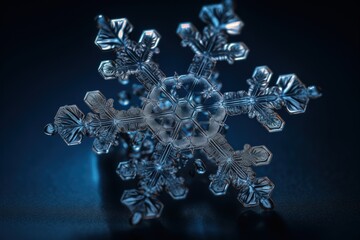 Macro Photo of Snowflake on Dark Blue Winter Background