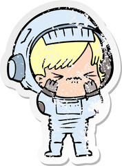 distressed sticker of a cartoon astronaut woman