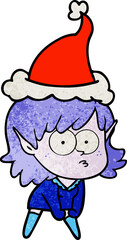 textured cartoon of a elf girl staring and crouching wearing santa hat