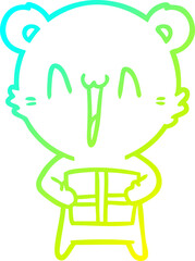 cold gradient line drawing happy bear with gift cartoon