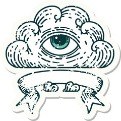 grunge sticker with banner of an all seeing eye cloud
