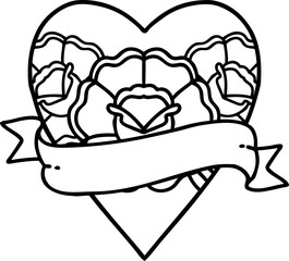 black line tattoo of a heart and banner with flowers