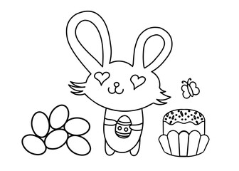 Happy Easter. Cute bunny and cake with eggs. Black and white vector illustration