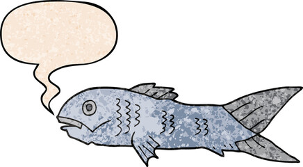 cartoon fish and speech bubble in retro texture style