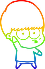 rainbow gradient line drawing nervous cartoon boy waving