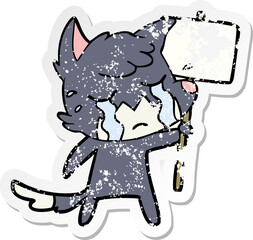 distressed sticker of a crying fox cartoon with placard