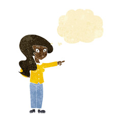 cartoon pretty woman pointing with thought bubble