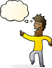 cartoon man pointing and laughing with thought bubble
