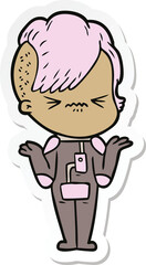 sticker of a cartoon annoyed hipster girl wearing space suit