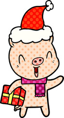 happy comic book style illustration of a pig with xmas present wearing santa hat