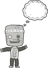 cartoon funny robot with thought bubble