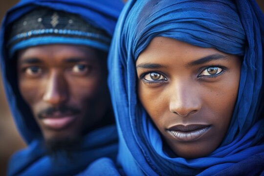 Beautiful Tuareg woman looking at camera wearing traditional blue headscarf. Generative AI