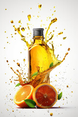 Natural orange essential oil with in a glass bottle splash on white background, Organic fresh spa aroma , AI Generative