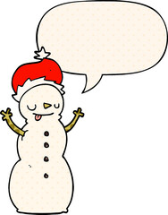 cartoon christmas snowman and speech bubble in comic book style