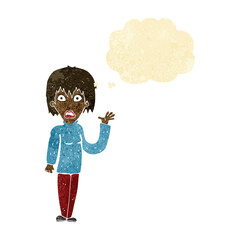 cartoon shocked woman waving hand with thought bubble