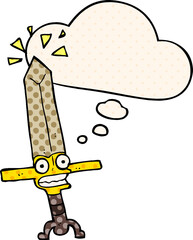cartoon magic sword and thought bubble in comic book style