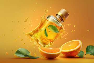 Natural orange essential oil with in a glass bottle splash on yellow background, Organic fresh spa aroma , AI Generative