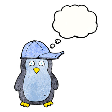 thought bubble textured cartoon penguin wearing hat