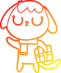 warm gradient line drawing cute cartoon dog with christmas present