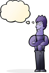 cartoon happy vampire with thought bubble