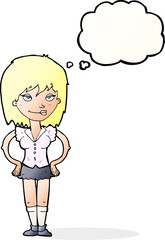 cartoon woman with hands on hips with thought bubble