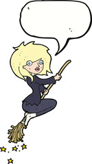 cartoon witch riding broomstick with speech bubble