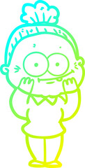 cold gradient line drawing cartoon happy old woman