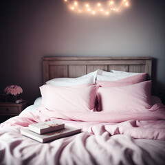 Fototapeta na wymiar Bohemian Rustic bed with pillows, string of lights above the bed, Generative AI
