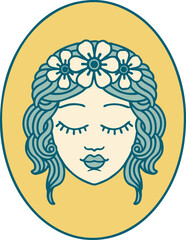 tattoo style icon of a maiden with eyes closed