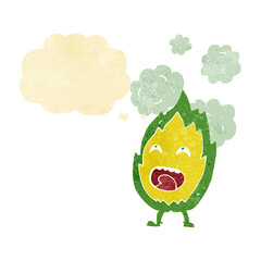 cartoon flame character with thought bubble