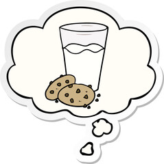 cartoon cookies and milk and thought bubble as a printed sticker