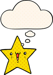 happy cartoon star and thought bubble in comic book style