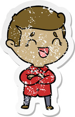 distressed sticker of a cartoon laughing man
