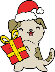 cute cartoon puppy with christmas present and hat