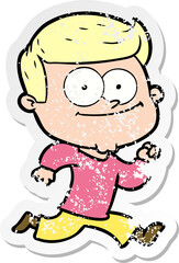 distressed sticker of a cartoon happy man