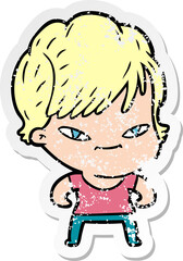 distressed sticker of a cartoon happy woman