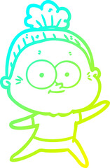 cold gradient line drawing cartoon happy old woman