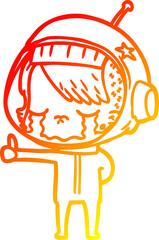 warm gradient line drawing cartoon crying astronaut girl making thumbs up sign