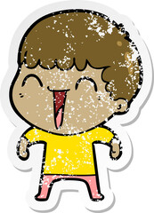 distressed sticker of a cartoon happy man