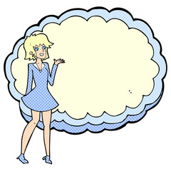 cartoon friendly woman with cloud text space