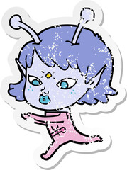 distressed sticker of a pretty cartoon alien girl