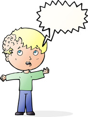 cartoon boy with growth on head with speech bubble