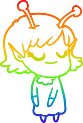 rainbow gradient line drawing smiling alien girl cartoon