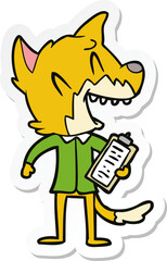 sticker of a laughing fox salesman