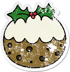 distressed sticker of a quirky hand drawn cartoon christmas pudding