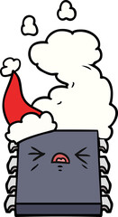line drawing of a overheating computer chip wearing santa hat