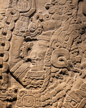 Maya bas relief carving stela 31 of mayan city state king of Tikal in Guatemala, Mexico City, Mexico.