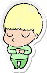 distressed sticker of a cartoon calm boy