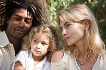 Fototapeta premium Multiracial family portrait. Father mother and kid together. Generative AI
